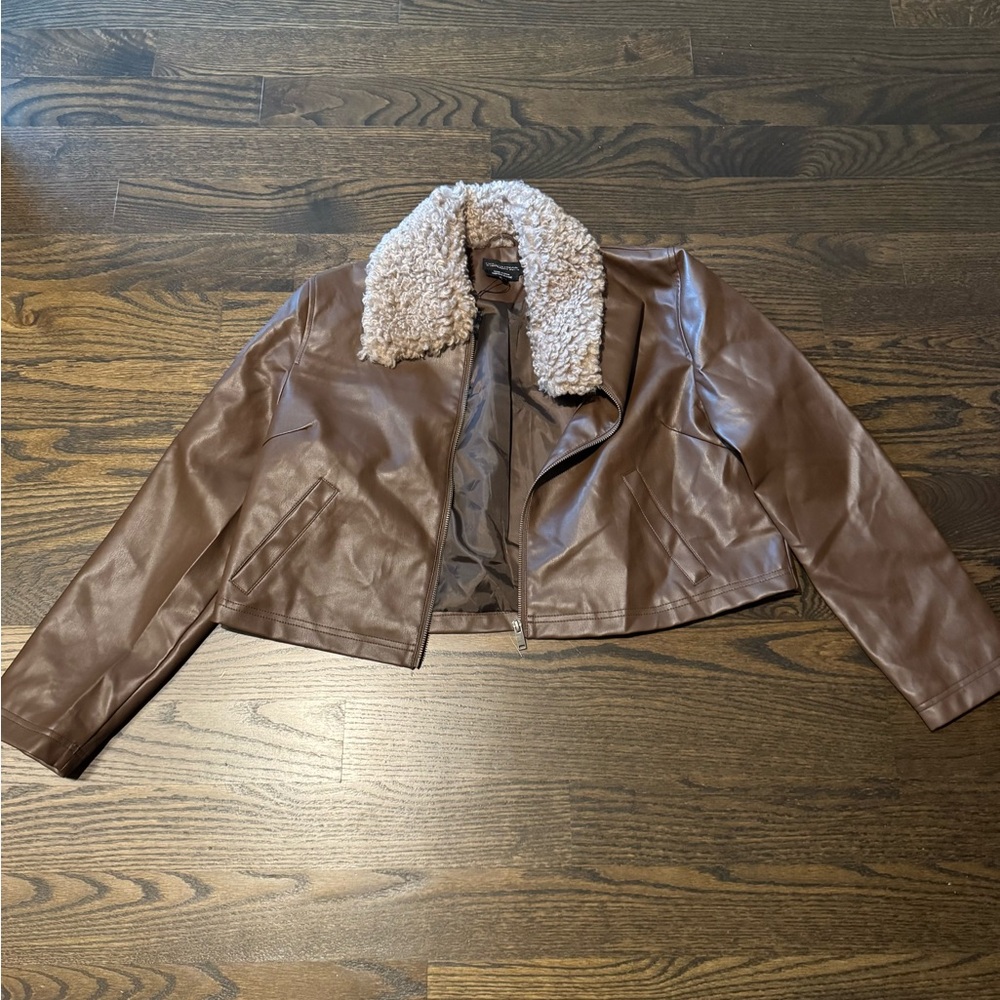 Brown Faux Leather Jacket with Shearling Collar